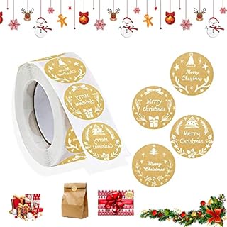 Favengo 500 Pcs Round Merry Christmas Stickers Self Adhesive Tag Stickers Kraft Paper Label Stickers Decorative Sealing Sticker for DIY Handmade Greeting Cards, Parcels, Candy Bags, Gift Wraps Package