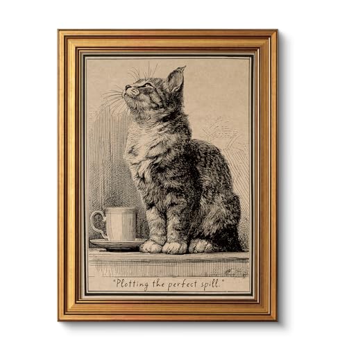 Image of VIYYIEA Gold Small Framed Canvas Art, Vintage Cat Art Prints,12x16Inch, Retro Cat Lovers Decor for Home Bedroom Coffee Bar Office Shelf, Funny Animal Sketch Poster
