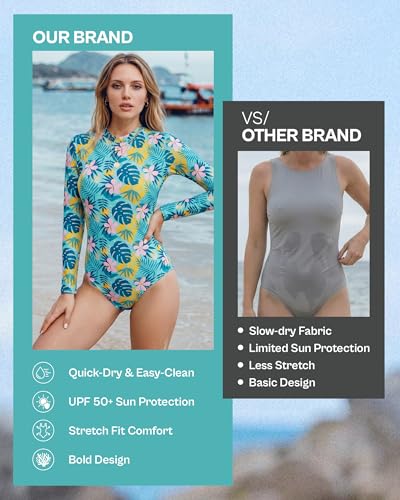 Image of Tame the Sun Long Sleeve Swimsuits for Women - One Piece Tummy Control, UPF 50+ Bathing Suit - Rash Guard, Zipper Swimwear
