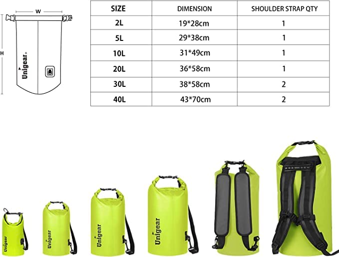 Unigear Sac Imperméable Sec – Nylon 500D, 2L à 40L, Housse Téléphone Incluse, Sangle Amovible