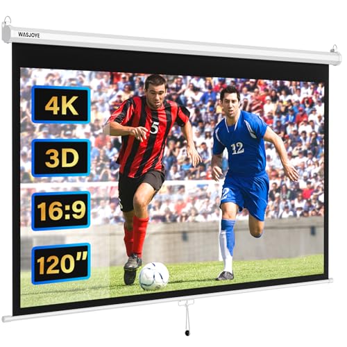 WASJOYE Manual Pull-Down Projector Screen - Universal 120-inch Roll-Down Retractable Manual Projection Screen w/Auto-Locking Adjustable Screen Height Black Masking Border