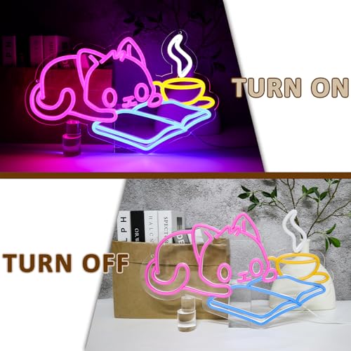 Image of Cat Reading Book Neon Sign for Wall Decor, Cute Cat Led Signs for Library, USB Dimmable Neon Lights for Classroom Reading Cafe Corner Bedroom Study Room Home Book Club Motivational Wall Art
