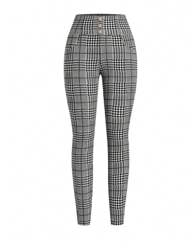 Womens Work Pants Checkered Business Casual Stretch Slim Fit Elastic Waist with Tummy Control Fall Office Dress Pants
