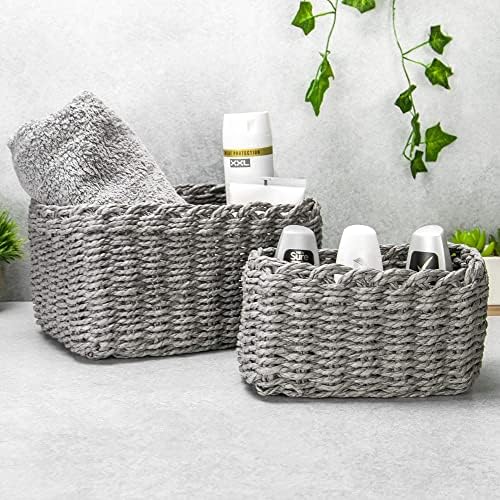 Woven Rope Storage Baskets Grey | Set of 3 | Organisation Woven Basket Set | Bathroom Towel & Cosmetic Holders | Cupboard Organisers | M&W