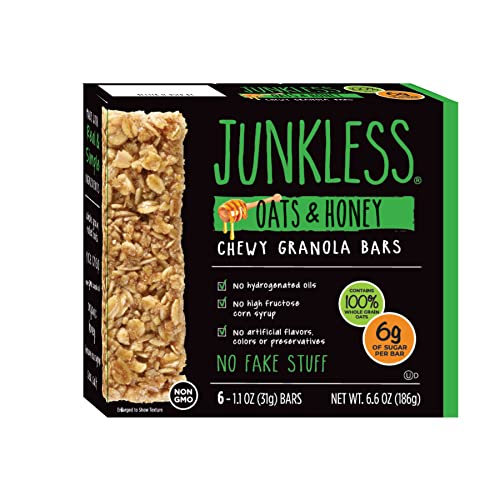 Junkless Oats & Honey Chewy Granola Bars - Less Sugar, Great Tasting, Wholesome Snacks - 1.1 oz. Bars, 6 Pack