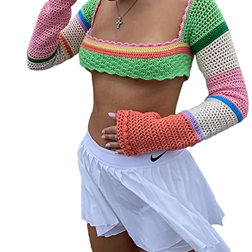 Y2K Women Long Sleeve Crop Top Crochet Knit Color Block Pullover Jumper Tops Loose Patchwork Shirts 90S Streetwear(Sweater Colorful,S) #TOP1