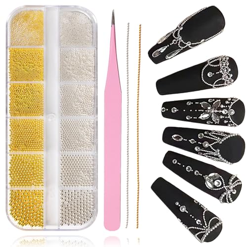 Kinretixia 5680 Stück Kaviarperlen für Nägel, 12 Grad Gold und Silber Nagel Charms, Kaviarperlen für Nägel, Nagelketten für Nagelkunst, Nagelperlen für Nagelkunstzubehör