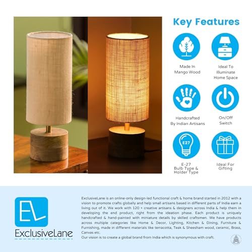 Image of ExclusiveLane 'Volta' Mango Wooden Table Lamp for Bedroom (14 Inch, Linen & Wood, Without Bulb, Pack of 1) | CFL /LED Table Lamp for Living Room Decoration Bedside Lamp Bedside Table Lamps for Bedroom