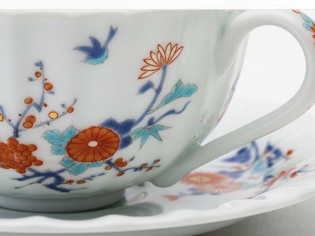 深川製磁色絵花鳥紋紅茶碗皿二客