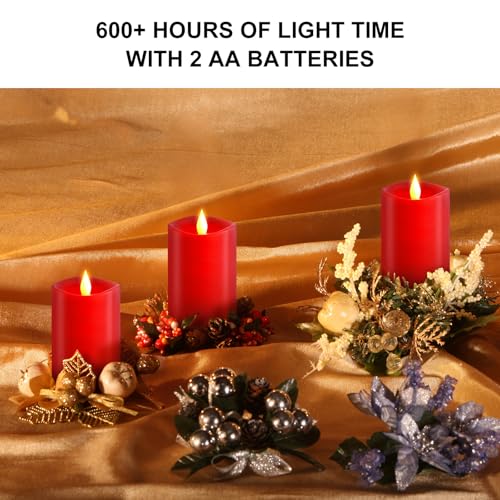 Image of 3PCS, 3 x 5 inches Flameless Candle with Remote Control, 3D Flickering Wick, Real Wax Pillar LED Candles, Battery Candles,with Timer,for Holiday Home Decor, Red
