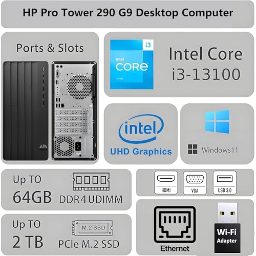 Image of HP Desktop Computer Tower, 13th Gen Intel Quad-Core Processor, 8GB DDR4 RAM, 256GB SSD, Keyboard and Mouse, WiFi Adapter, Vga, Rj-45, Hdmi, Windows 11 Home, Office 365