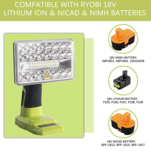 YEX-BUR Cordless LED Work Light for Ryobi 18v ONE + Li-ion NiCd NiMh Batteries P108, 18W 2000LM Power LED Spotlight Handheld Flashlight Portable Jobsite Light for Outdoor - Image 3