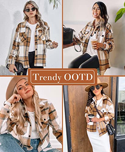 Womens Casual Plaid Shacket Wool Blend Loose Button Down Long Sleeve Shirt Flannel Lapel Pocketed Fall Jacket Shackets (Apricot,Large) #TOP3