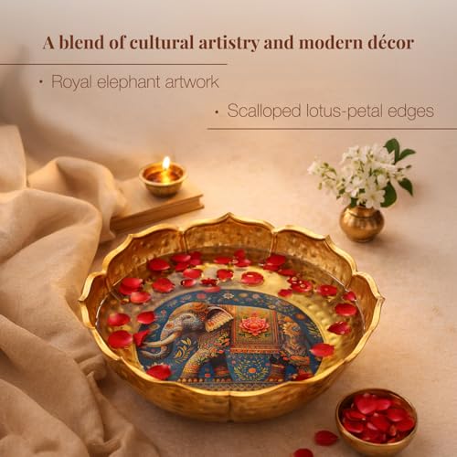 Image of Hammered Golden Lotus Urli Bowl with Royal Elephant Art | Decorative Metal Pooja Urli for Floating Flowers, Festive Decor & Centerpieces | Scalloped Edge Lotus Design