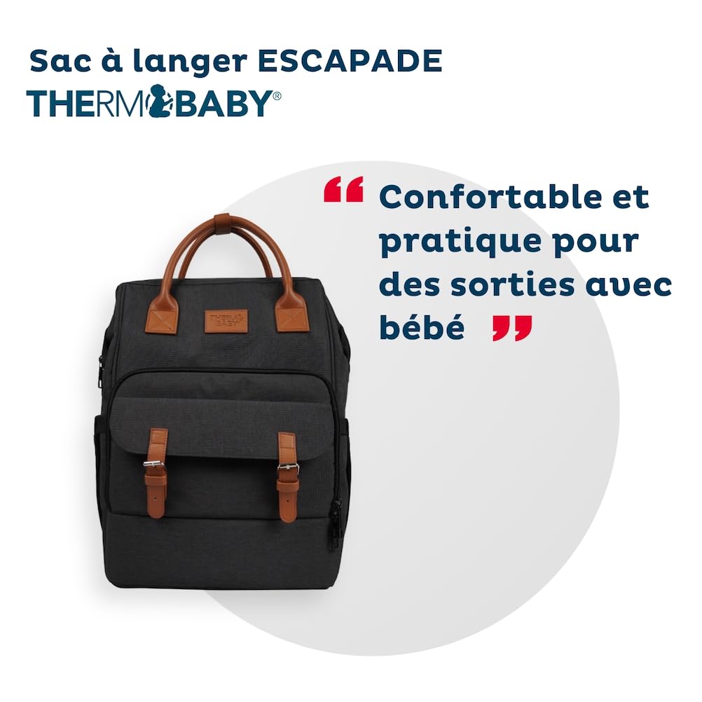 THERMOBABY- Sac à langer ESCAPADE - Sac à dos à langer Bébé - Matelas à langer pour Bébé Garçon et Fille inclus - Confortable - Pratique pour des sorties avec votre nouveau-né - Gris foncé