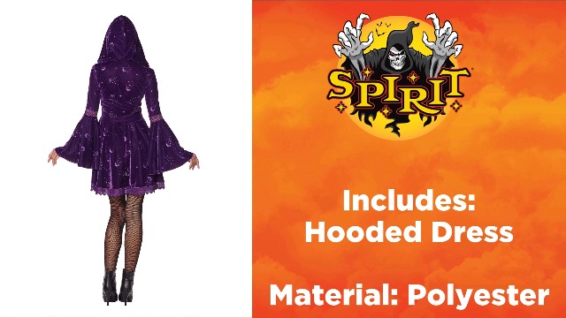 spirit halloween purple dress Adult Coven Witch Hooded Dress, Purple, 1X