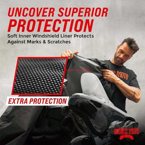 Image of Badass Moto Gear Ultimate Waterproof Motorcycle Cover. Heavy Duty, Night Reflective, Windshield Liner, Heat Shield, Vents, Lock Pocket, Taped Seams (108' Full Dressers, Goldwing, Tourers) Extra L | Heavy-duty bike cover waterproof outdoor; fits Harley Ultra Limited, CVO, Road King, Gold Wing, Indian Chieftain & Roadmaster