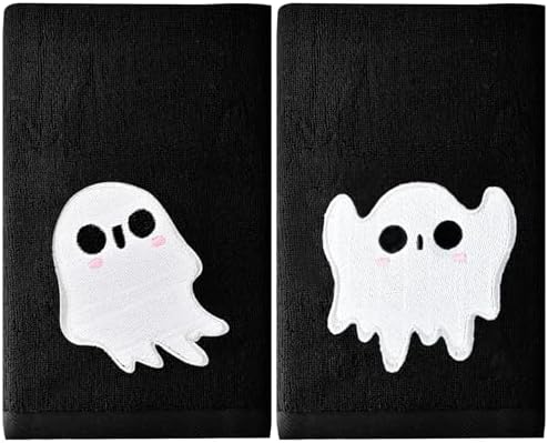 AEUEFUEA Halloween Ghost Hand Towels 2 Pack, Cotton Black Embroidered Towels, Decorative Bathroom Kitchen Set, Holiday Party Gift, 13.7 in × 29.5 in