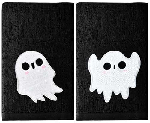 AEUEFUEA Halloween Ghost Hand Towels 2 Pack, Cotton Black Embroidered Towels, Decorative Bathroom Kitchen Set, Holiday Party Gift, 13.7 in × 29.5 in