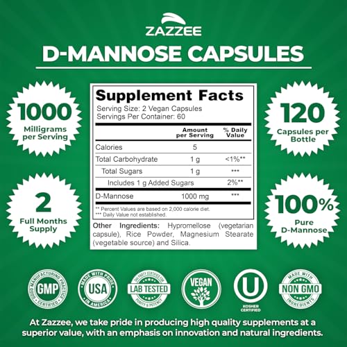 Image of Zazzee D-Mannose, 1000 mg per Serving, 120 Vegan Capsules, 2 Month Supply, Potent & Fast-Acting, Certified Kosher, 100% Pure, All-Natural Urinary Tract Health Support, 100% Vegetarian, Non-GMO
