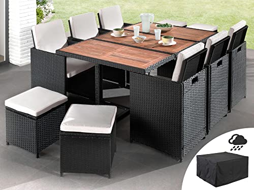 Best Mobilier - Salon de Jardin Encastrable Noir Cuba - en Résine Tressée à la Main - Plateau en Bois - avec Housse de Protection - Coussins Déhoussables Beiges - 10 Places