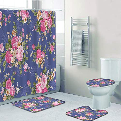 Duschvorhang Rosa Pfingstrose Badezimmerteppich 4-Teiliges Set, Duschvorhang 180x180 Polyester+Badematte rutschfeste…