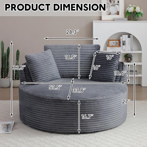 Image of Oversized Round Chair Lounge Chaise Indoor, 53.5 inch Upholstered Corduroy Deep Seat Single Cloud Sofa Chair, Fluffy Modern Large Circle Boneless Sleeper Sofa for Living Room, Bedroom, Dark Grey