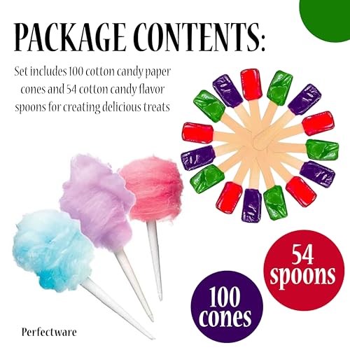 Image of Perfectware Cotton Candy Cones and Flavor Spoons Set, 100 Cones, 54 Spoons