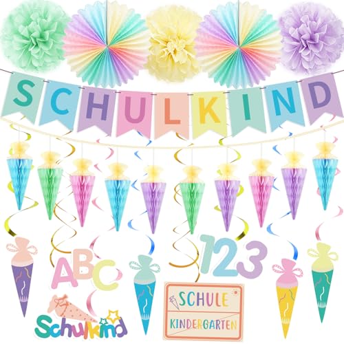 iZoeL Einschulung Deko Mädchen Jungen Papier SCHULKIND Girlande + Zuckertüten Girlande + Pompons + Papier Fächer + Einschulung Sprial Deko Schulanfang Schulkind Geschenk Macaron