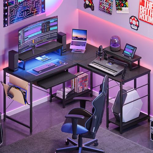 Bestier L-förmiger Gaming-Schreibtisch, Computertisch mit LED-Lichtern, Monitorständer, 130 cm-Eckschreibtisch mit Getränkehalter, Kopfhörerhaken, ergonomisch für Heimbüro im kleinen Raum