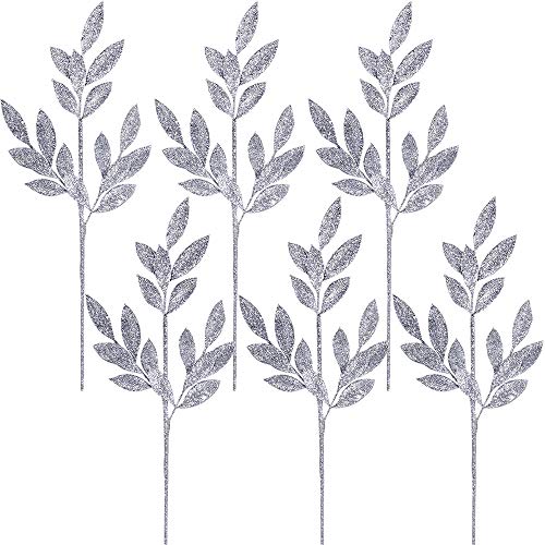 6 Pcs Silver Glittered Artificial Leaf Spray Leaf Picks 24" Tall For Christmas Winter Wedding Wreath Tree Swag Floral Arrangment Vase Bouquets Table Centerpieces Decoration #TOP29