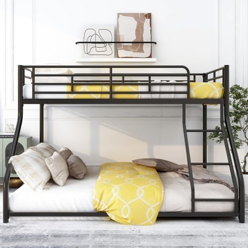 Metal Floor Bunk Bed, Twin XL Over Queen Bunk Bed with Ladder and Guardrail for Teens and Adults, Twin XL/Queen