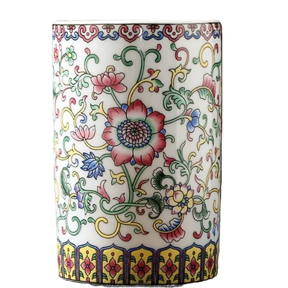 Utensil Holder, 4.8 Inch Small Ceramic Vase for Flower, Handmade Elegant Short Pen Container, Vintage Chinese Painting Porcelain Decorative Vases for Office Home Decor White