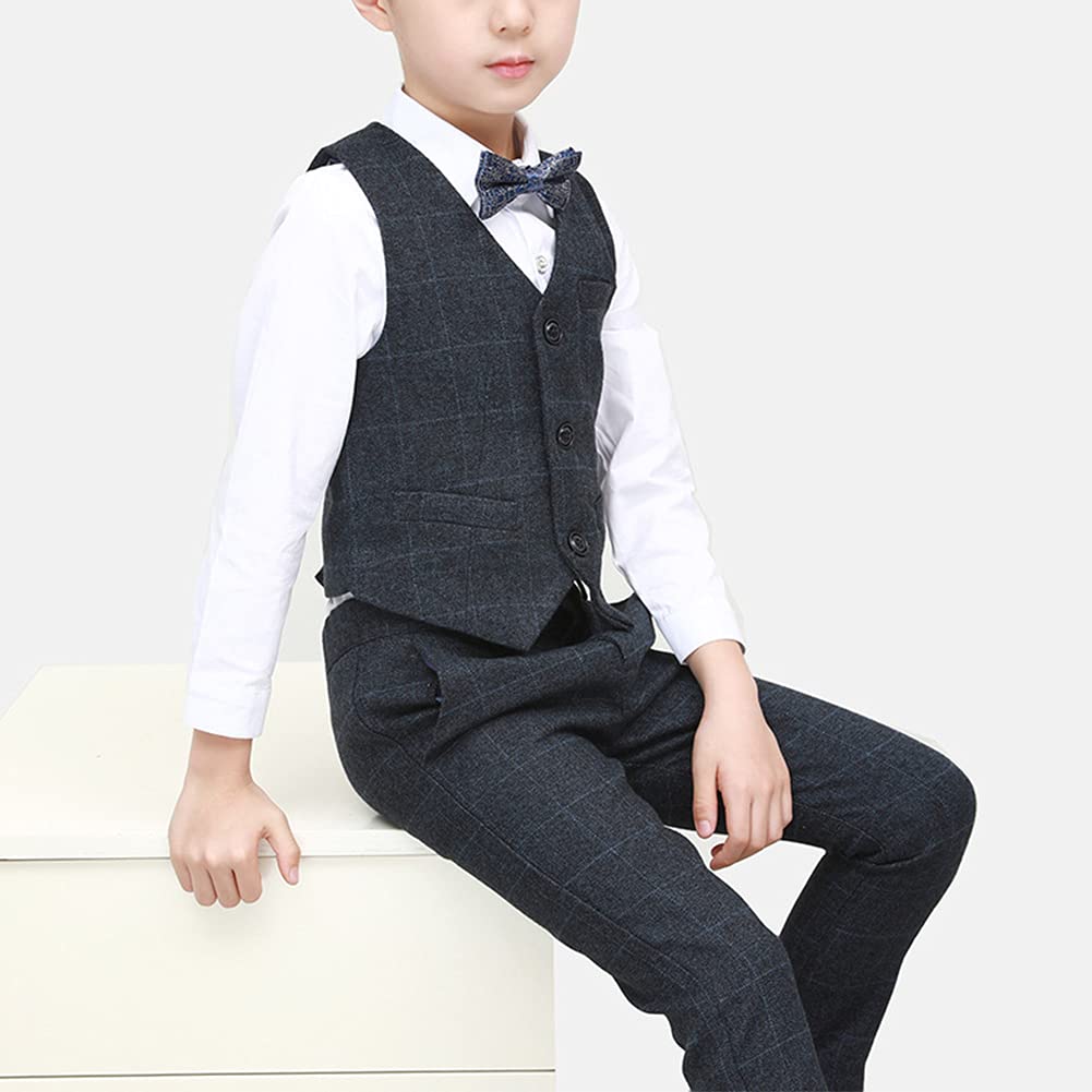 Conjunto de Traje a Cuadros Niños Traje de Fiesta de Bodas,6 Piezas Trajes Blazer+Camisa+Chaleco+Pantalones+Pajarita+Pañuelo de Bolsillo,Chicos Traje Formal para Ceremonio Bautizo Graduación Esmoquin
