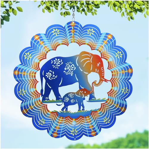 Elephant Wind Spinners Elephant Gifts for Women/Men 12 inch 3D Stainless Steel Hanging Wind Spinner Metal Wind Catchers Kinetic Sculpture for Indoor/Outdoor Decor, Yard Art, Garden Decorations