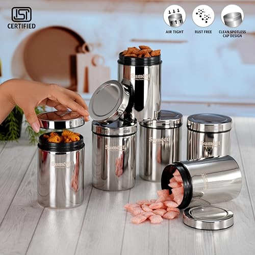 Image of Sumeet ISI Certified Stainless Steel Air Tight Storage Container /Jar /Canister /Dabba with Threading Screw Cap for Kitchen - Pack of 6Pc, 8.3cm, 550ml, Silver