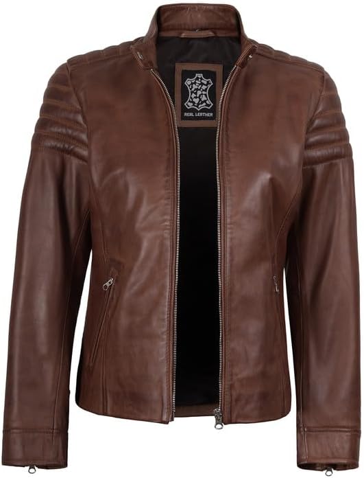 Decrum Womens Leather Jacket - Real Lambskin Cafe Racer Style Leather Jackets for Women - Image 2