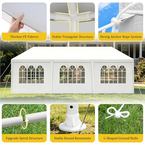 Image of 10x30 White Canopy Tent with 8 Removable Sidewalls and Windows, Waterproof Outdoor Party Gazebo Tent for Backyard Wedding Events BBQ Graduation