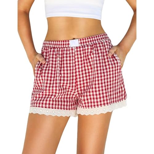 Marvmys Womens Boxer Shorts Cotton Pajama Bottoms Summer Gingham Ruffle/Lace Shorts Casual Y2K Beach Shorts S-2XL XX-Large Lace - Red Plaid
