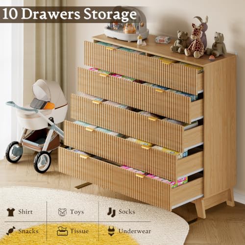 Image of BORNOON 46 inch Tall Dresser for Bedroom, 10-Drawer Fluted Chest of Drawers, Modern Wood Highboy with Metal Slides and Handles, Anti-Tip Kit, Vertical Clothes Storage Organizer for Apartment, Closet