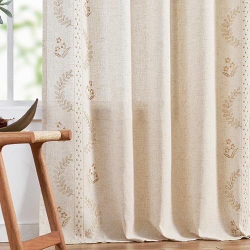 Jinchan DYMBT-BBSH-5063C00 Linen Curtains Floral Curtains For Bedroom Boho Curtains 63 Inch Length Beige Embroidered Curtains Rod Pocket Back Tab Farmhouse Flower Patterned Drapes Living Room Window Curtain Set 2 Panels thumb #8