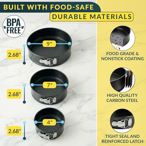 Image of Springform Pan Set of 3 - 4,7,9 inch Carbon Steel With Removable Bottom - Leakproof Design, Nonstick Coating Cheesecake Pan - Durable Cake Mold With Secure Latch, Even Heat Cheese Cake Pans For Baking