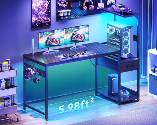 Image of Casaottima 54'' Gaming Desk with LED Lights & CPU Stand, Reversible Computer Desk with Storage Shelves & Fabric Drawer, Modern PC Gamer Table with Headphone Hook, Carbon Fiber Black