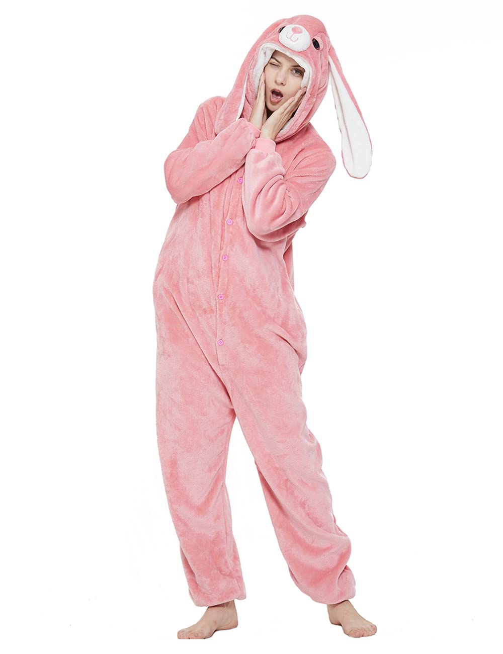 ABENCA Pijama de unicornio de lana para mujer, disfraz de una sola pieza para adultos, de dibujos animados, Navidad, Halloween, cosplay,, Conejito rosado, XS