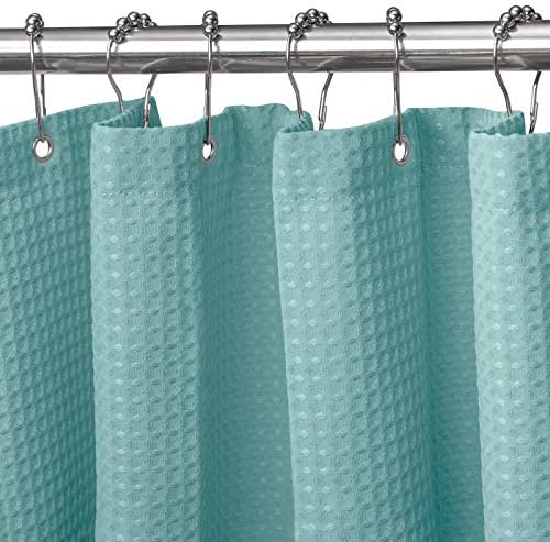 Waffle Weave Shower Curtain with Stainless Steel Hooks - 230 GSM Heavy Duty Fabric Bath Curtains, Hotel Luxury Quality, Water Resistant, Machine Washable, Weighted Hem, 36 x 72 Inches (Turquoise)