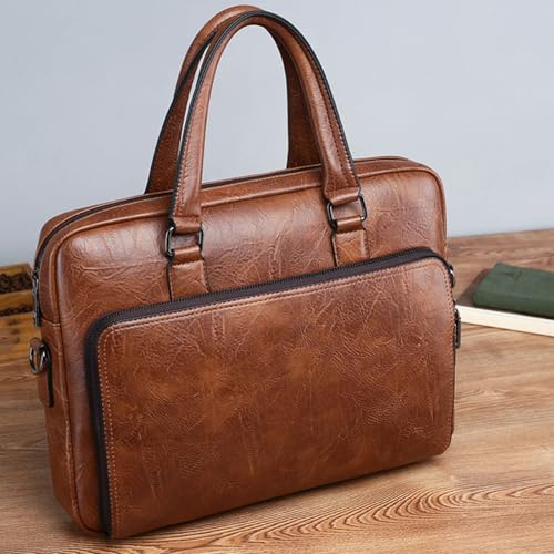 Mens Laptop Bag 16.1 Inch Waterproof Vintage Leather Briefcase Computer Messenger Handbags Shoulder Bag (Khaki)3