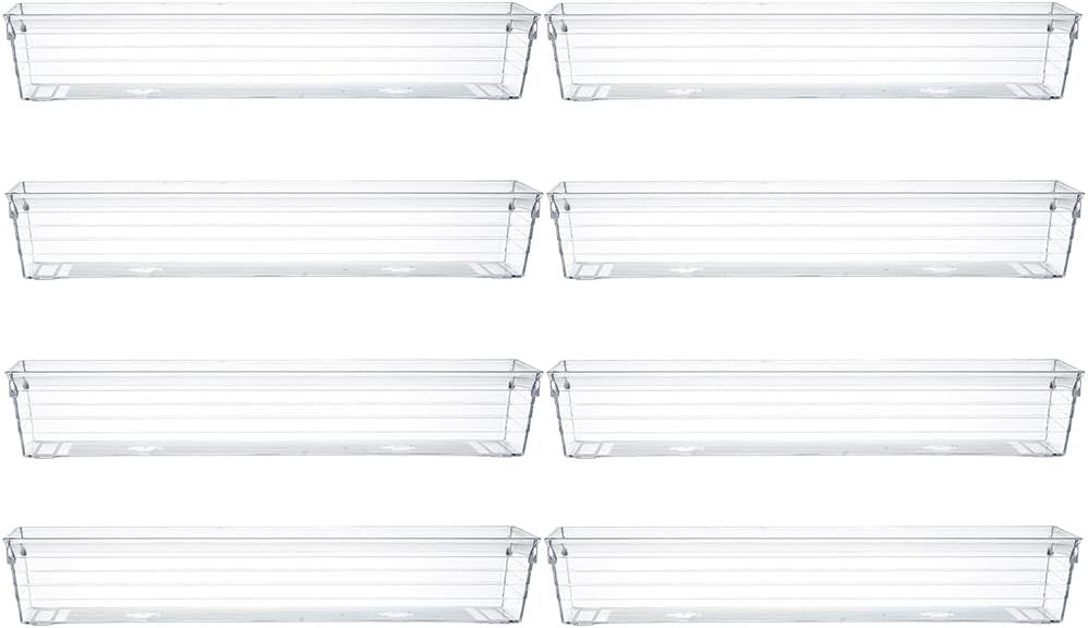 Backerysupply Clear Plastic Drawer Organizer Tray for Vanity Cabinet (12”×3”×2”，Set of 8),Storage Tray for Makeup, Kitchen Utensils, Jewelries, and Gadgets
