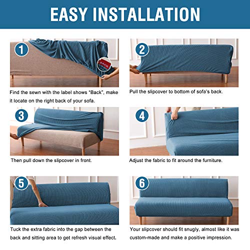 H.versailtex Armless Futon Cover Stretch Sofa Bed Slipcover Protector Elastic Feature Rich Textured High Spandex Small Checks Jacquard Fabric Futon Cover, Machine Washable, Dusty Blue #TOP4