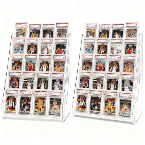 Oncpcare Paquete de 2 estantes de exhibición de tarjetas transparentes de 5 niveles – Estantes verticales con gran capacidad para cartas de felicitación deportivas de béisbol, baloncesto y
