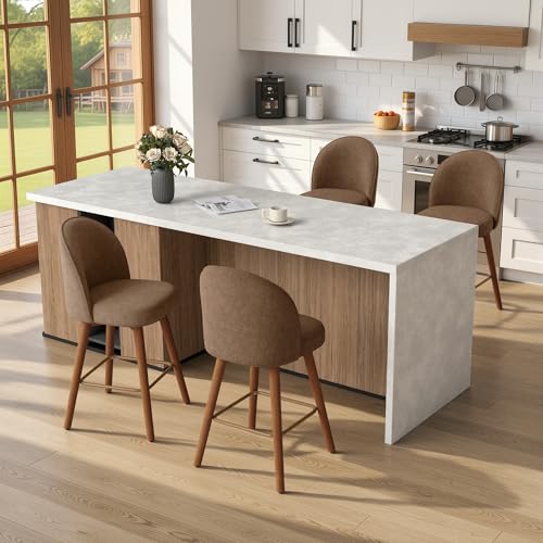 Image of Modern Swivel Bar Stools Set of 4, Chic Upholstered Counter Height(26IN) Bar Chair with Back, Solid Wood Legs and Footrest, Comfortable Chenille Bar Stool for Kitchen Island, Chestnut Brown